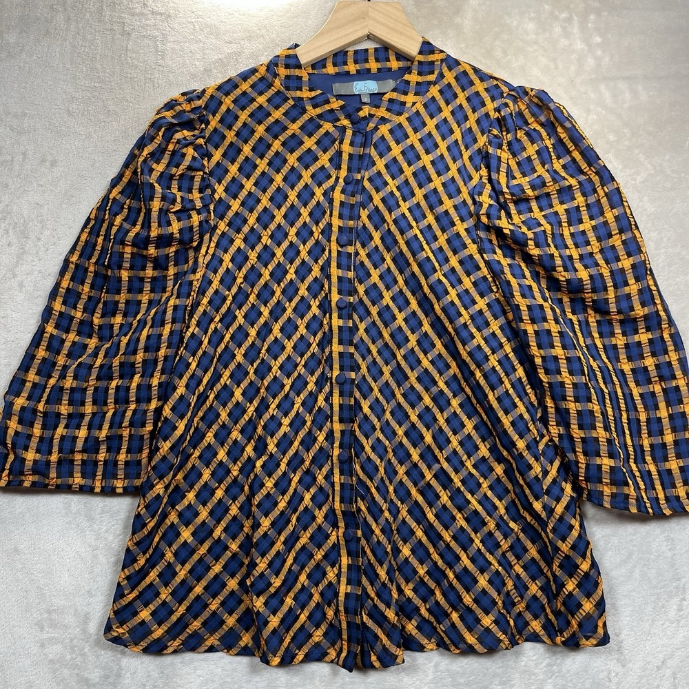 Eva Franco Anthropologie Textured Plaid Blouse 2 Blue Puff Sleeve Button